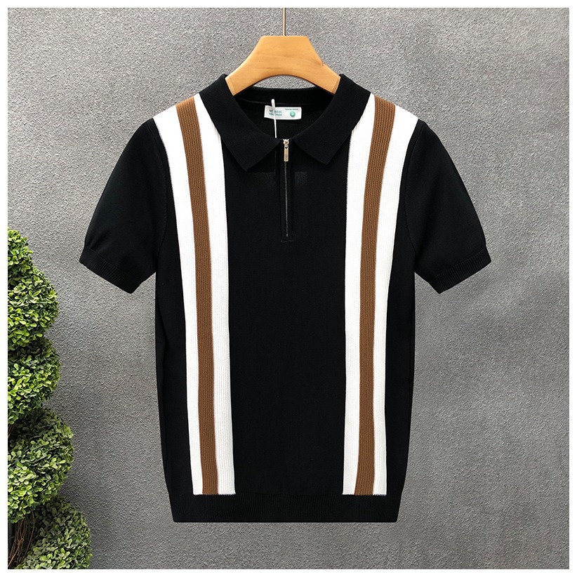 Men's Polos Korean Style Breathable Lightweight Knitted Polo Shirt Short Sleeve T-Shirt With Color Block And Ribbed Design For Summer