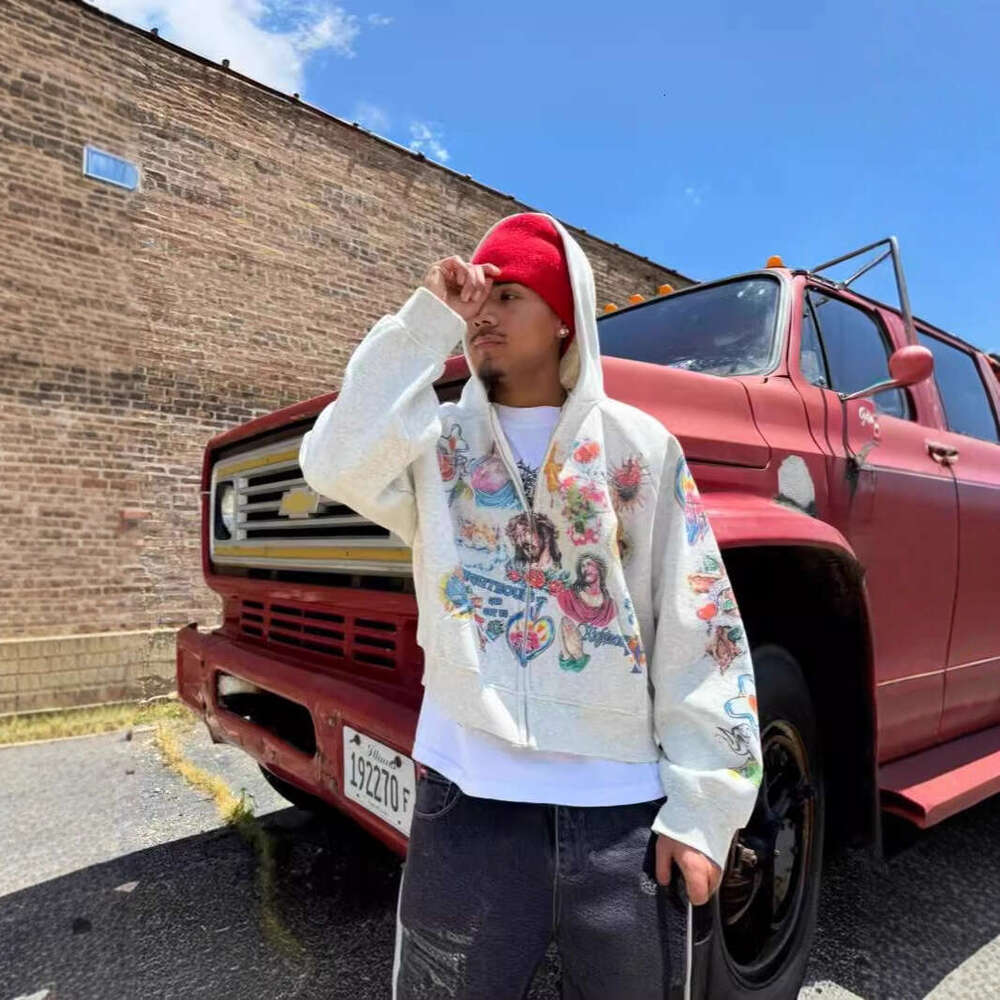 Pink Religious Tattoo Graphic Zip Up Hoodie, Y2K Vintage Cross Rose Print Streetwear Jacket