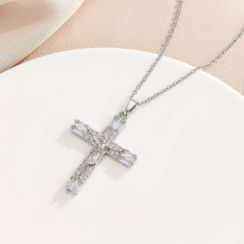 Trade New Virgin Mary Cross Micro Inlaid Zircon Copper Gold-Plated Necklace Women's Collarbone Chain Pendant