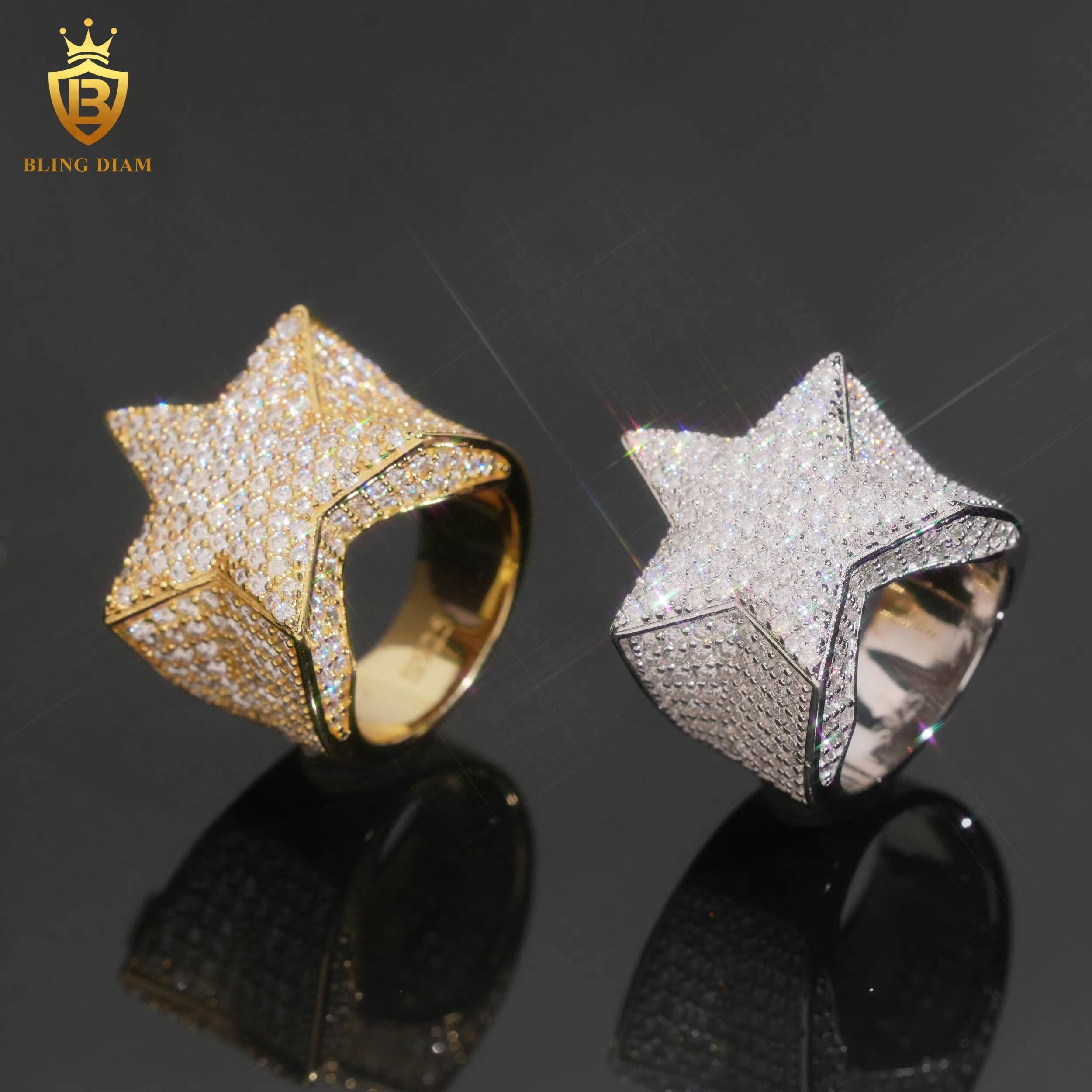 Wholesale Price Iced Out Hip Hop Jewelry 925 Silver Vvs Moissanite Ice Out Mens Star Cuban Rings GRA Certificate