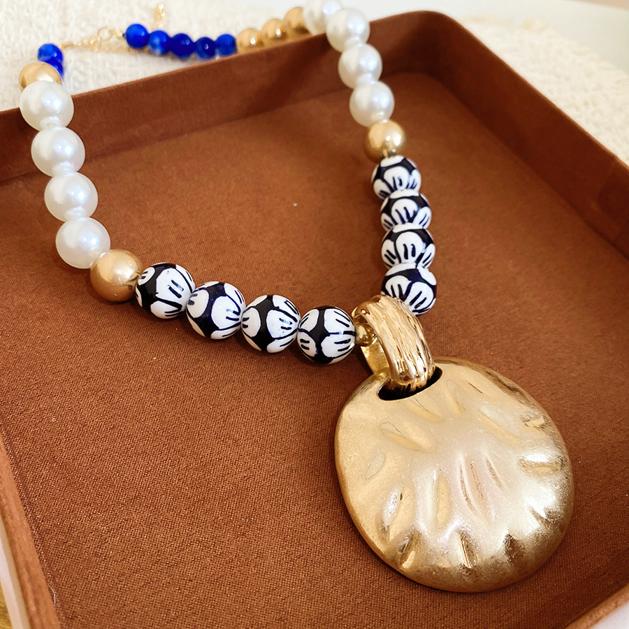 European American vintage ceramic beaded pearl necklace with distressed round pendant design, unique and sophisticated collarbone chain for women - view 6