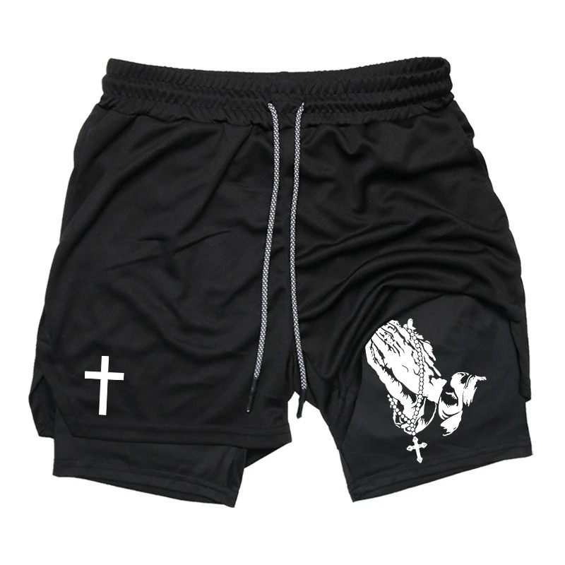 Print 2 in 1 Running Workout Shorts for Men Christian Gym Athletic Performance Shorts with Phone Pocket Towel Loop Activewear 260421