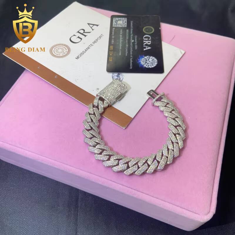 Hot Saling 14MM VVS1 Moissanite Cuban Chain HipHop Bracelet Pass Diamond Tester Iced Out Moissanite 925 Silver Cuban Chain