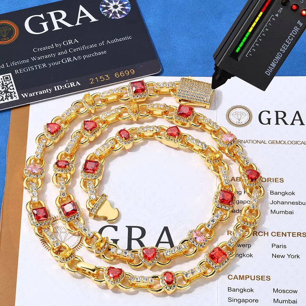 NUOYA Hip Hop New Style Link Chain 925 Silver VVS Moissanite Necklace 10MM Geometric Shape Design Red Zircon Women Jewelry