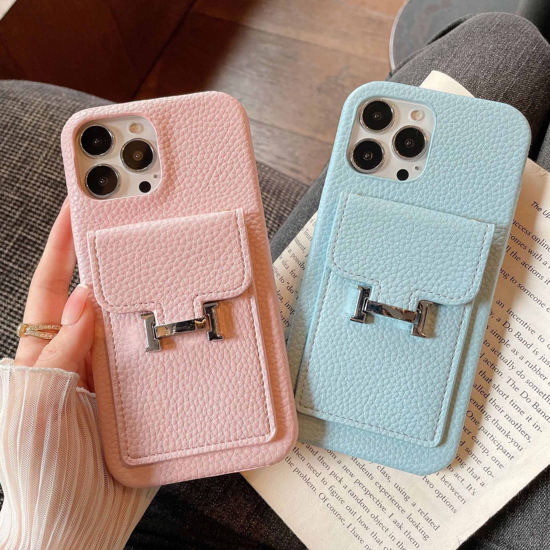 Compatible with Apple 17 Pro Max iPhone 16/15/11/X Lychee Pattern Card Holder Phone Case Letter