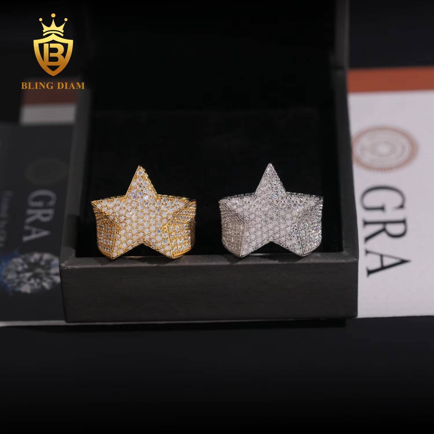 Hip Hop Style Fine Jewelry Iced Out 925 Sterling Silver VVS Moissanite Diamond Star Ring With GRA Certificate Men Women