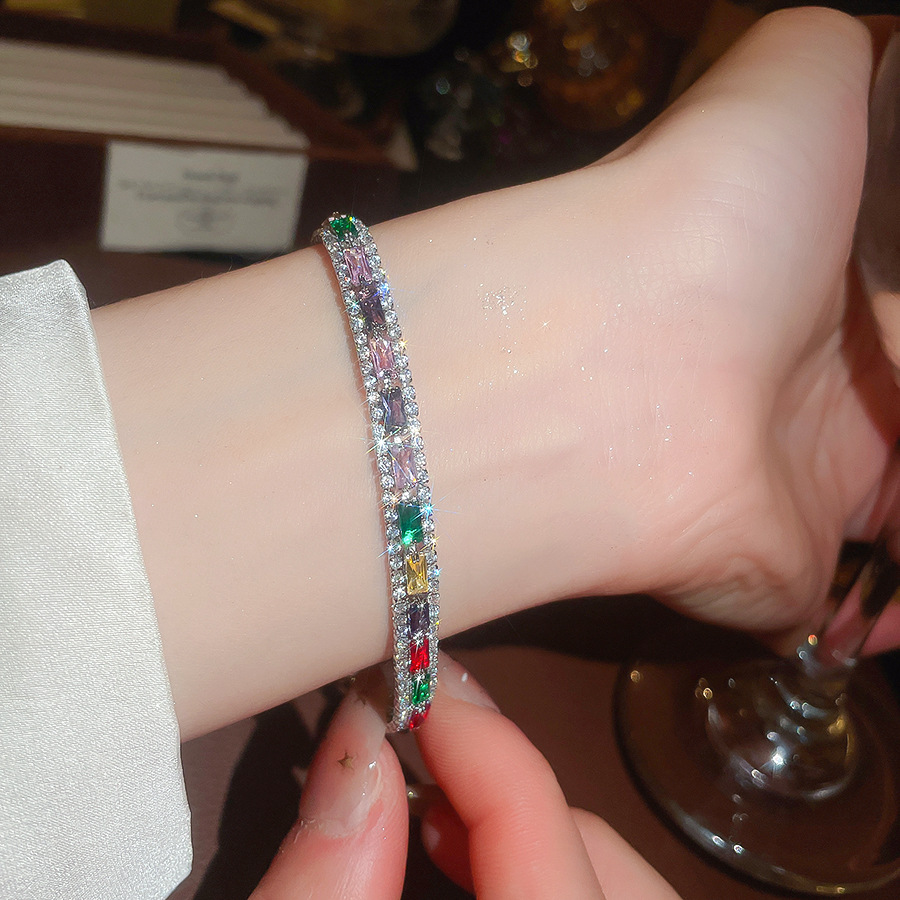 New model inlaid with three rows of colorful zircon tennis hip-hop bracelet, fashionable, simple, light luxury, unisex bracelet - view 3