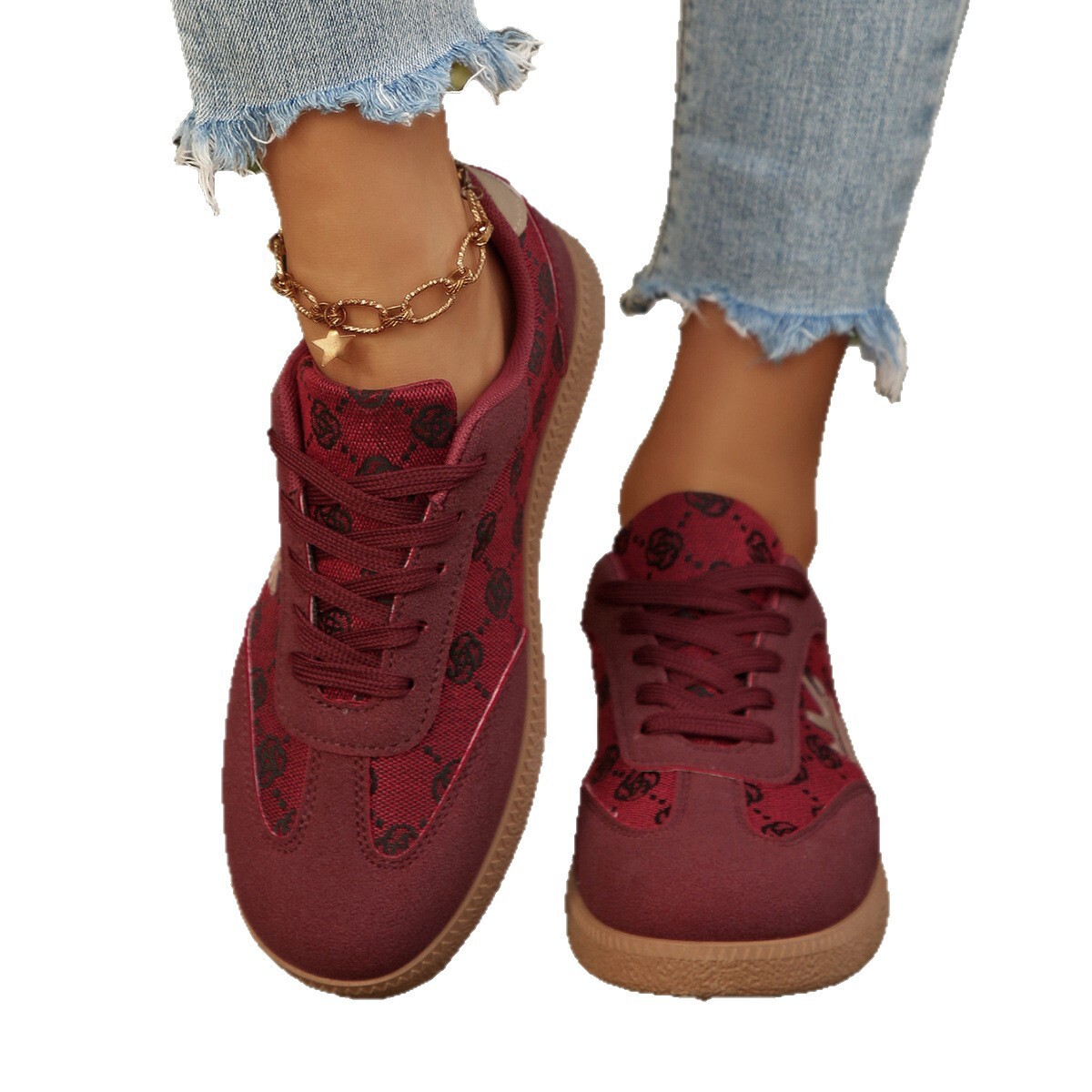 Women's Burgundy Monogram Retro Lace-up Trainers Spring Casual Plus-Size Color-Block Sneakers Lace-Up Thick-Soled Sports Shoes