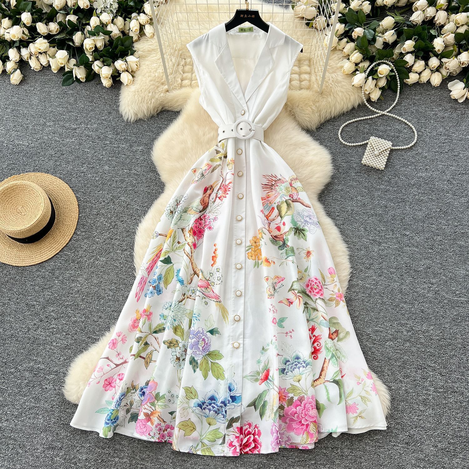 Summer Holiday Gorgeous Floral Dress Womens Sleeveless Ruffles V Neck Flower Print Buttons Chiffon Bohemain Robe Vestidos240730