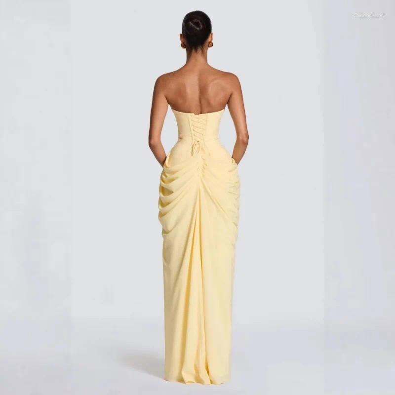 Casual Dresses FL Women Sexy Solid Pleated Strapless Dress Lady Chic Off-shoulder Backless High Waist Split 2026 Evening Party Gown