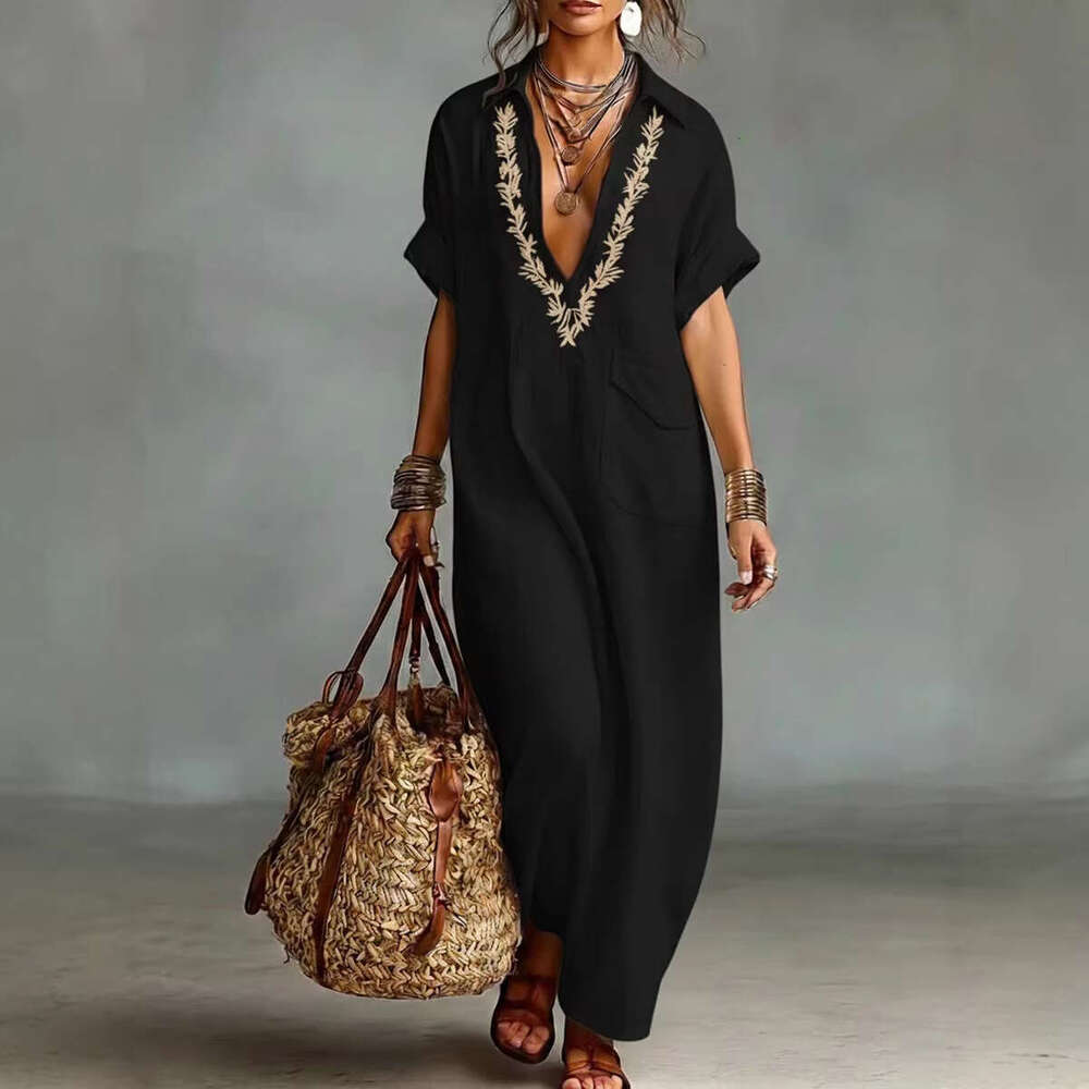 Women's Embroidered Linen Blend Maxi Shirt Dress, Short Sleeve Collared Kaftan