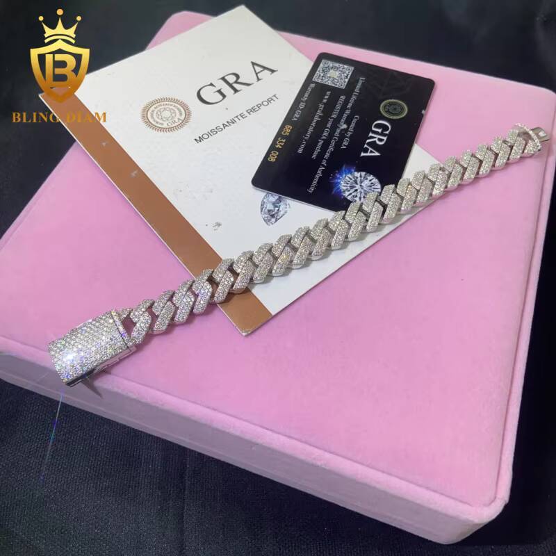 Hot Saling 14MM VVS1 Moissanite Cuban Chain HipHop Bracelet Pass Diamond Tester Iced Out Moissanite 925 Silver Cuban Chain
