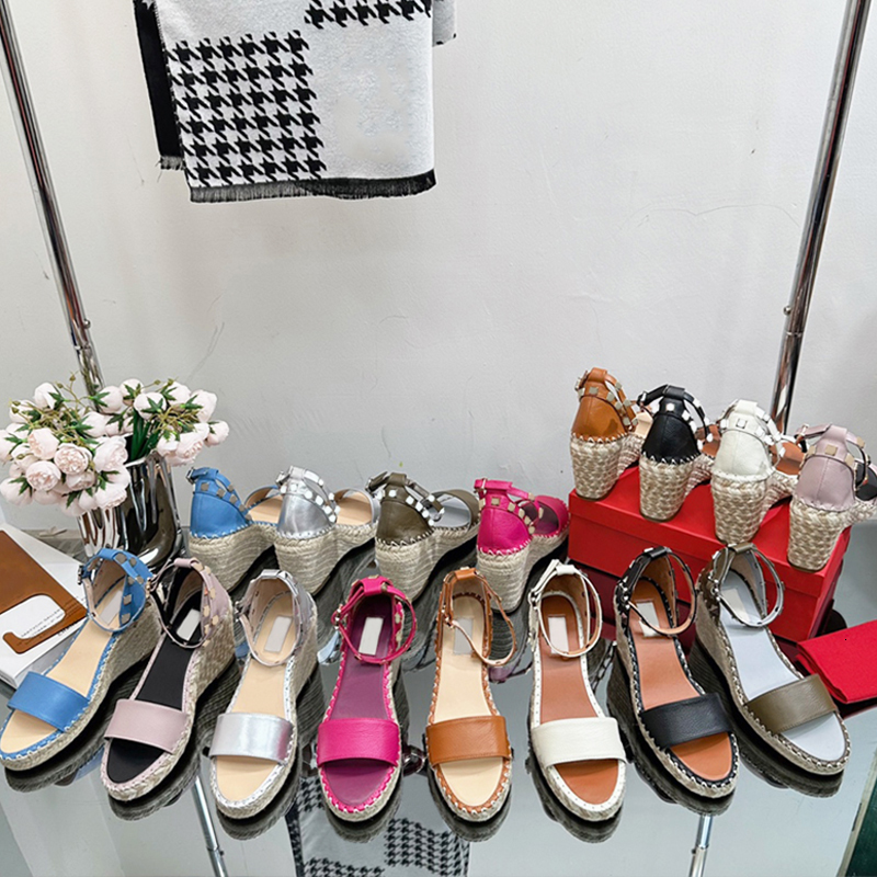 High Quality Designer Rockstud Sandals Women Wedge Espadrilles Leather Sandal Thick Soled Shoes High Heels Dress Shoes 873