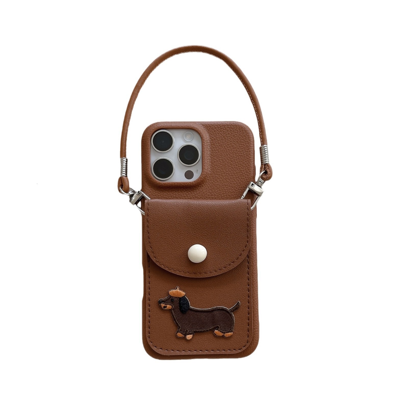 Embroidered puppy card holder case for Apple 16, iPhone 17 Pro/15, soft TPU with lychee pattern and wrist strap
