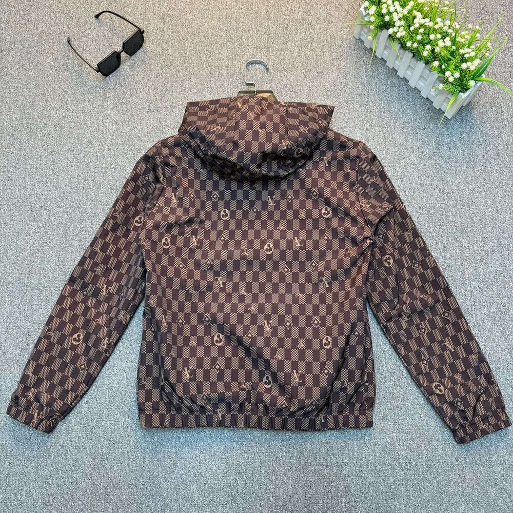Men's 2026 Autumn Reversible Hooded Jacket Checker Monogram Print Lightweight Windbreaker Casual Versatile Water Resistant Outerwear For Daily St