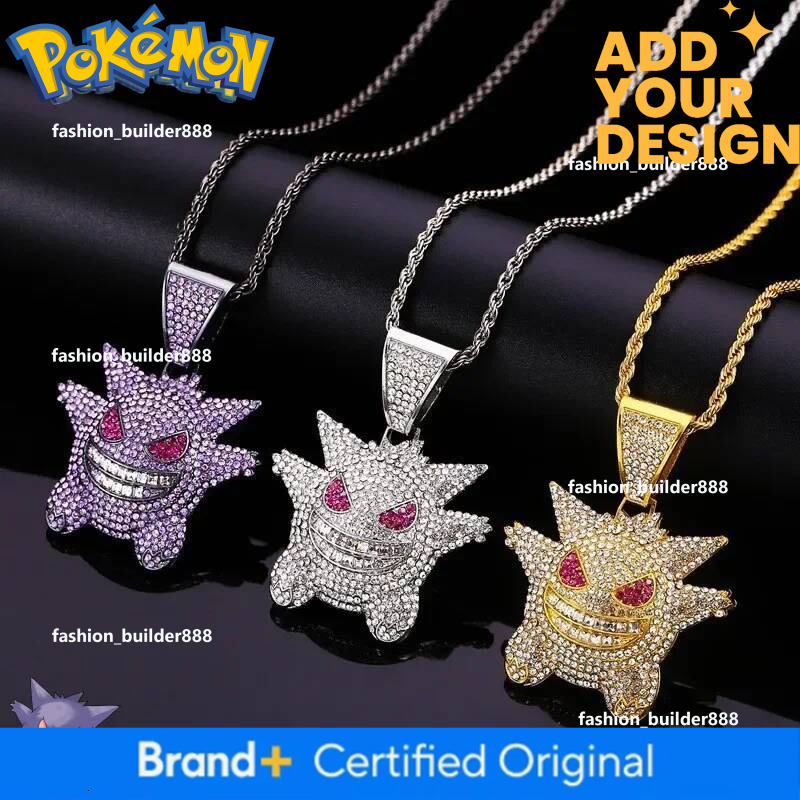 14K Gold Plated Gengar Pendant Necklace, Unisex Anime Cartoon Jewelry with White Diamond Face Accent, Alloy Copper Chain for Daily Outfit - Classic St - view 3