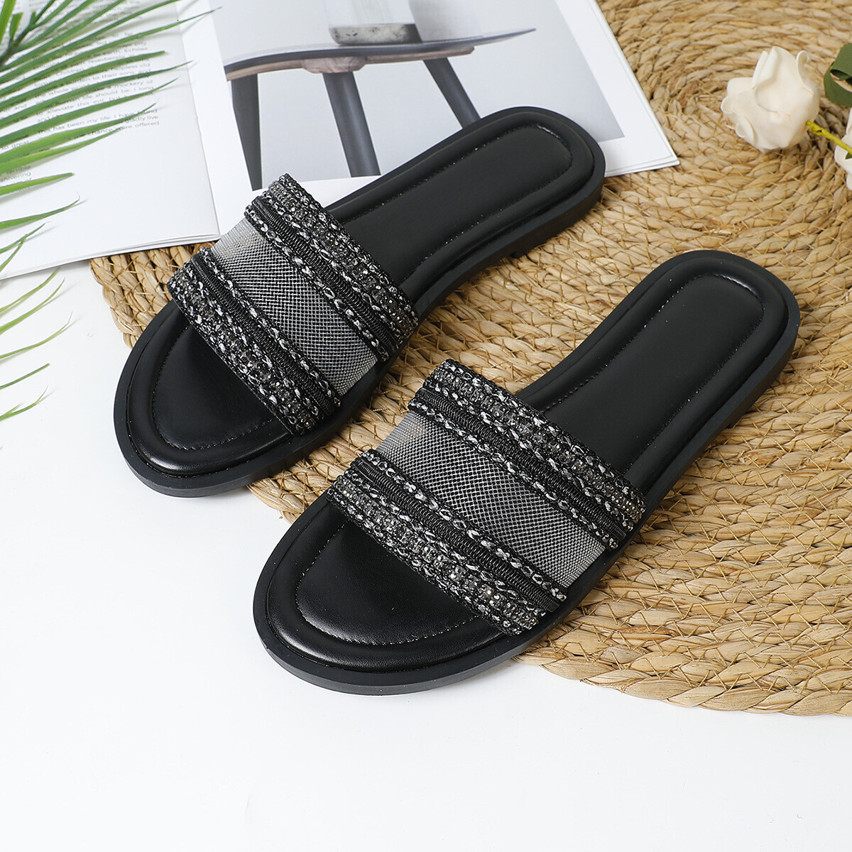 Cross-Border Foreign Trade Casual One-Strap Beach Sandals for Women with D Family Letter Buckle Flat Women's Slippers Slides ddmythur