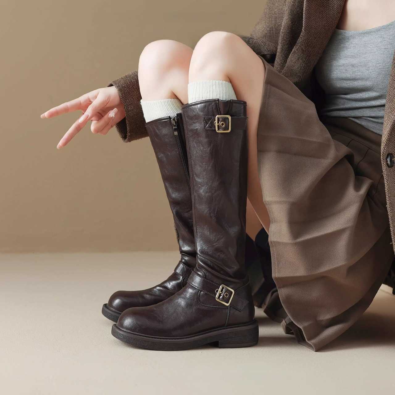 Women's fashion boots with a new 2025 style, featuring a round buckle, anti-slip side zipper, thick heel, and a slimming high-cylinder design S26