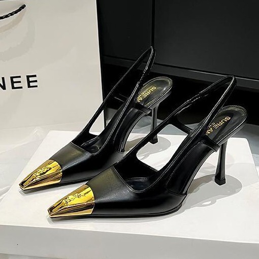 Autumn New Metal Backless Sandals For Women Black Sexy Single Shoes Thin Heel Shallow Mouth Closed Toe High Heels