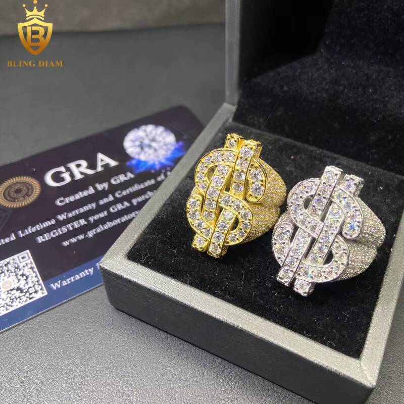 925 Sterling Silver Moissanite Rings Dollar-Shaped Ring Iced Out Moissanite Hip Hop Style Jewelry Ring Pass Diamond Test GRA