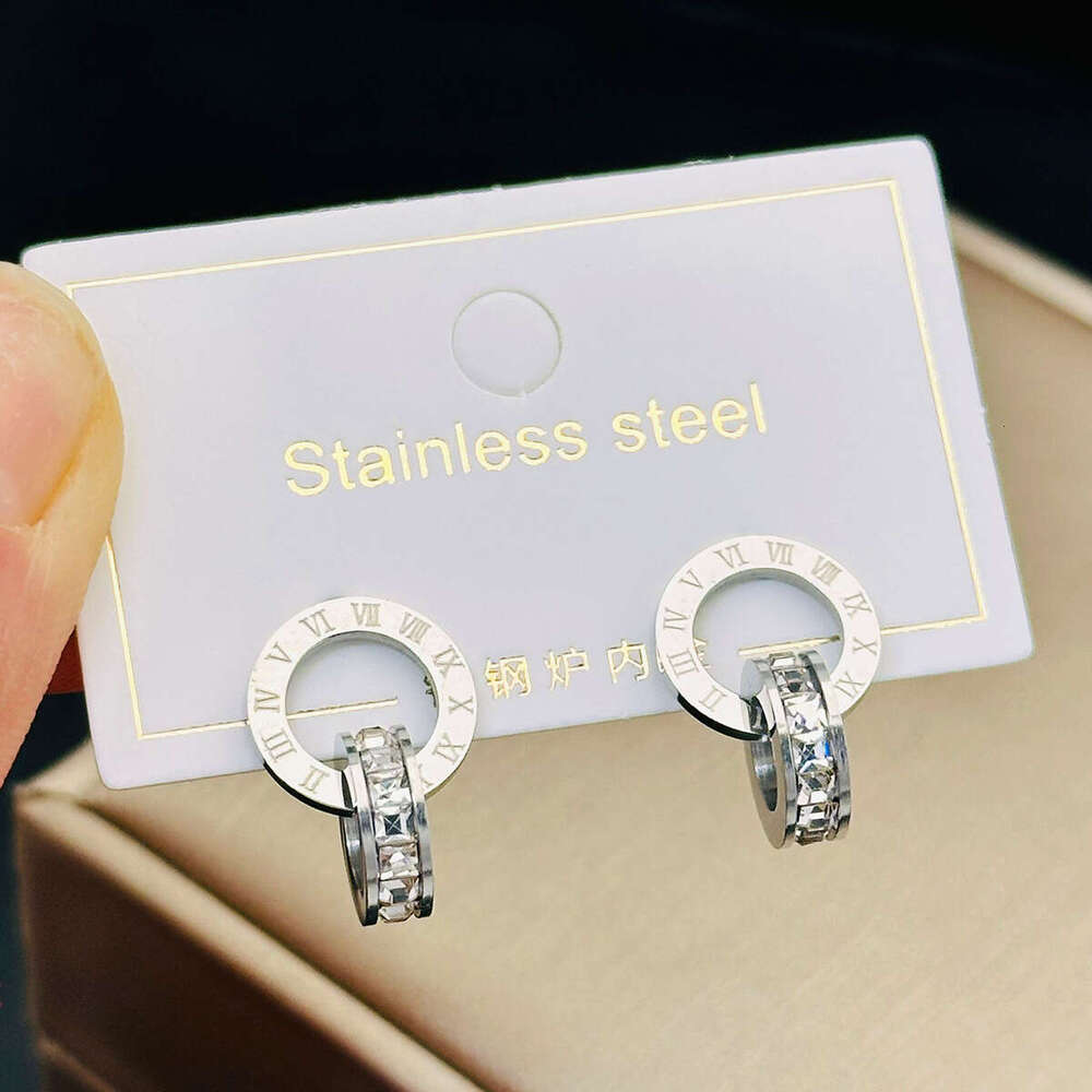 Popular Roman Double Ring Diamond-Studded Creative Earrings In Rose Gold Titanium Steel For Women, High-End Non-Fading Trendy Ear Accessories