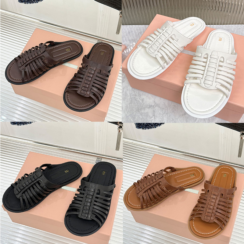 Designer Nappa Leather Slides Womens Cool Drag 5XX6 Ladies Braiding Rope Fold Flat Bottom Slides Retro Seaside Beach Casual Shoes Rubber Outsole Sizes 35 41