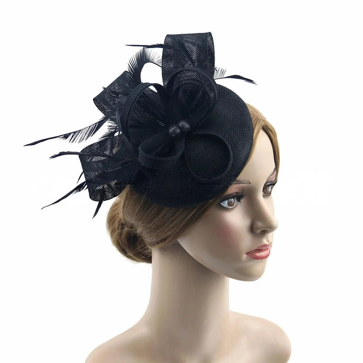 European Bride Headpiece Teardrop Sinamay Loop Veil and Feather Fascinator Formal Hat Church Headpiece260413ww