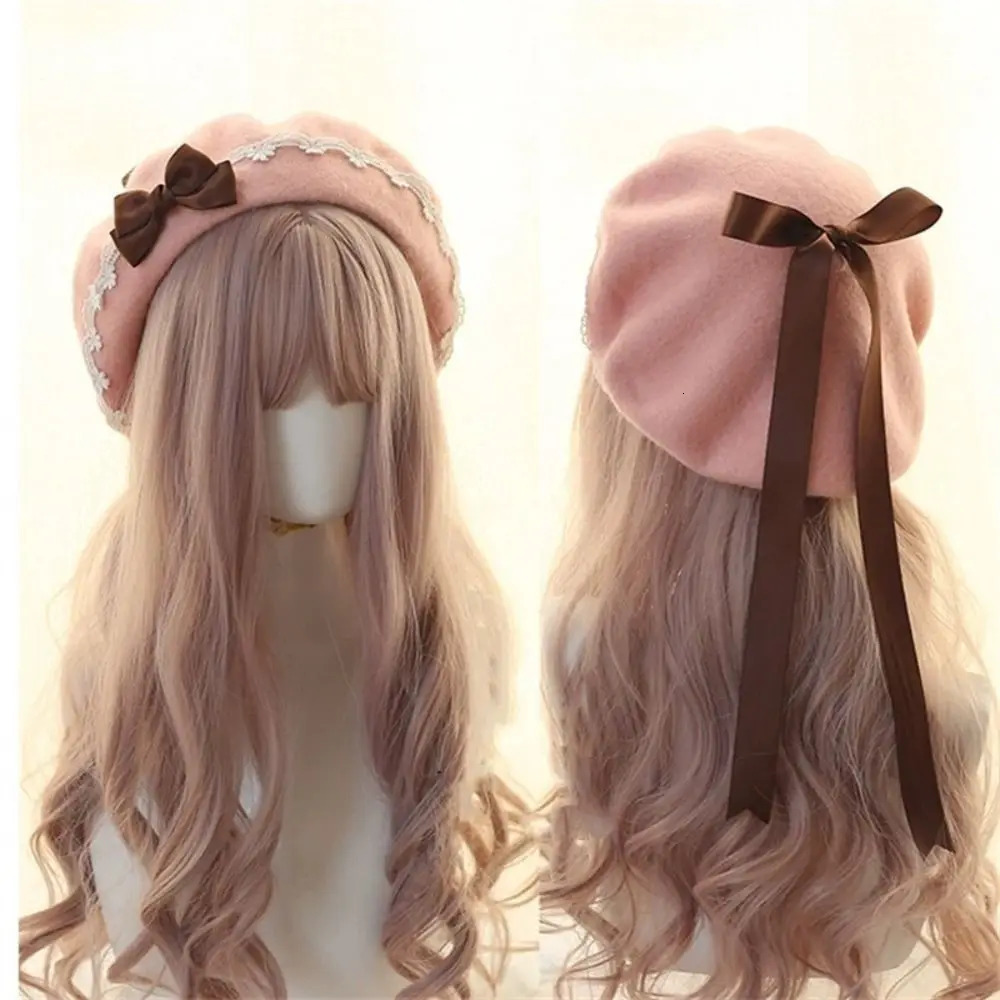 Fashion Lolita Japanese Style Beret Hat Sweet Handmade Winter Berets Lacebow Woolen Artist Women Girls 260420