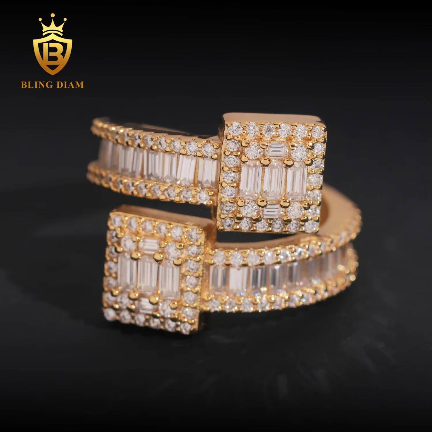 Adjustable Open Square Ring for Men Hip Hop Jewelry 925 Sterling Silver Gold Plated VVS Full Moissanite