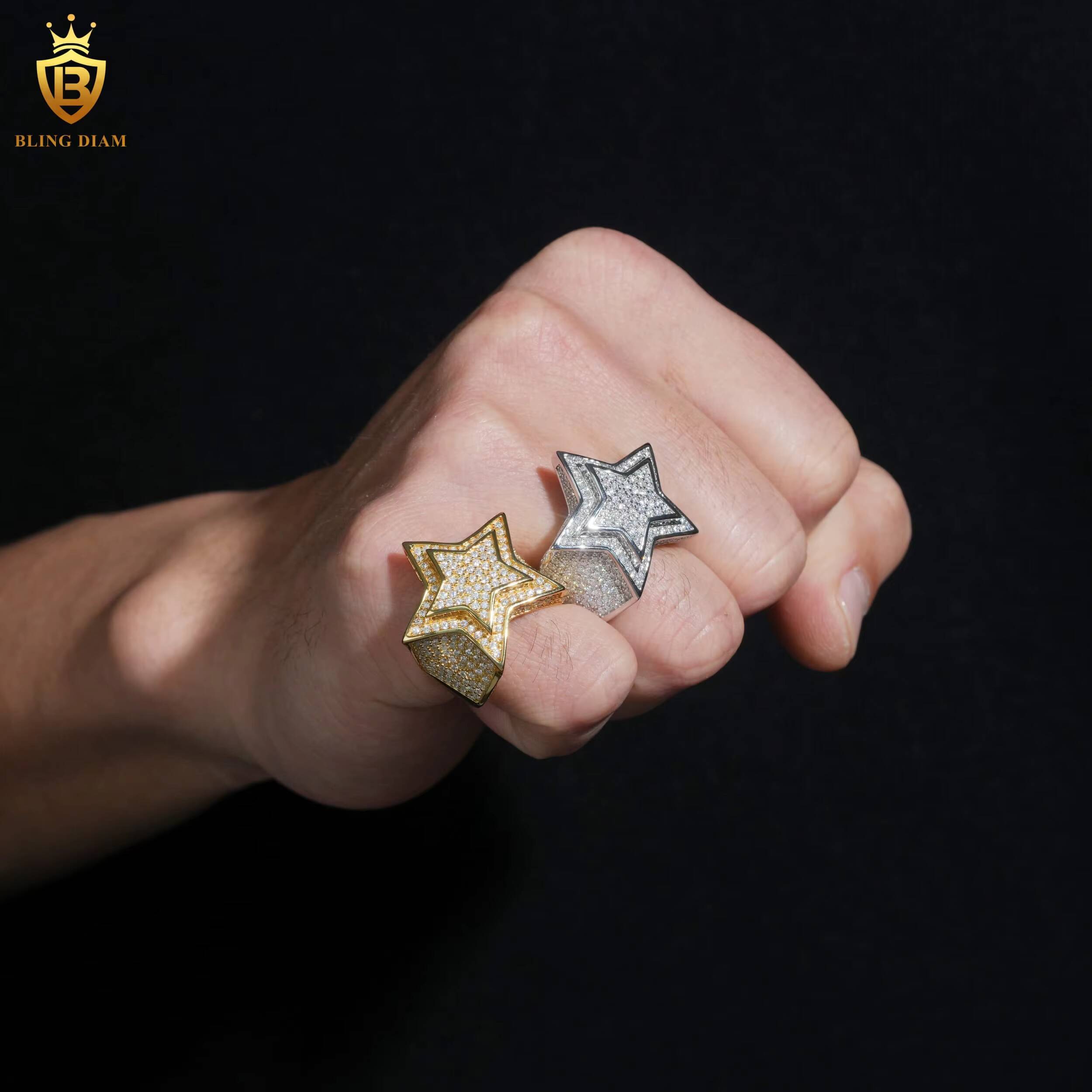 Wholesale Hip Hop Jewelry 925 Sterling Silver Gold-Plated Vvs Moissanite Ice Out Mens Star Rings Rapper Rock