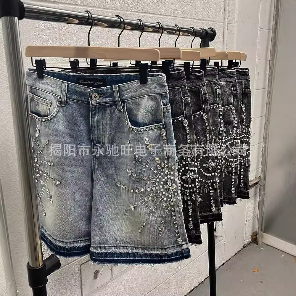 Luxury Brand Designer Men Heavyweight Rhinestone Embellished Denim Shorts American Streetwear Loose Casual Summer Washed Comfortable Versatile Trendy 