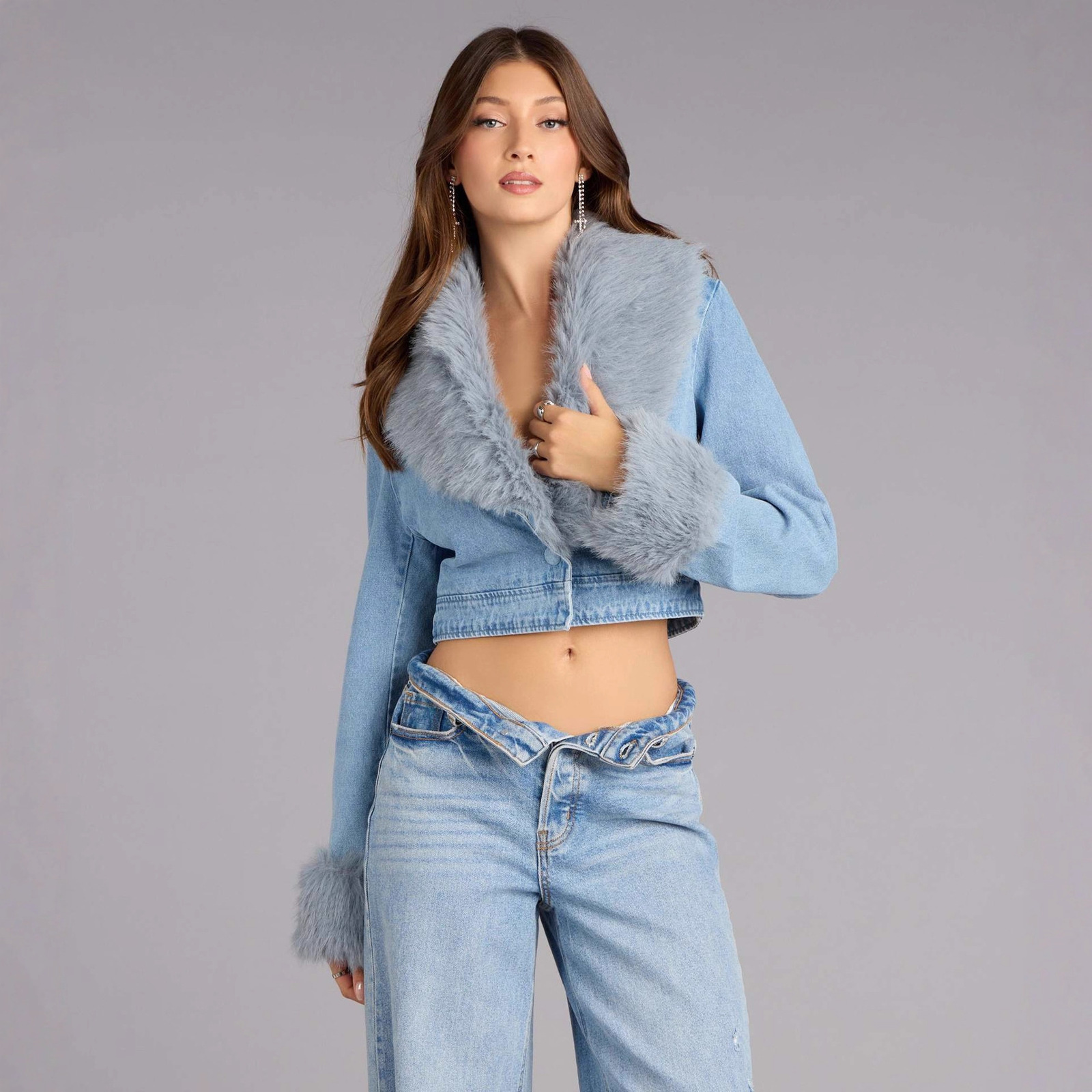 Womens short furcoat jacket winter style thickened faux fur with collar denim 241129