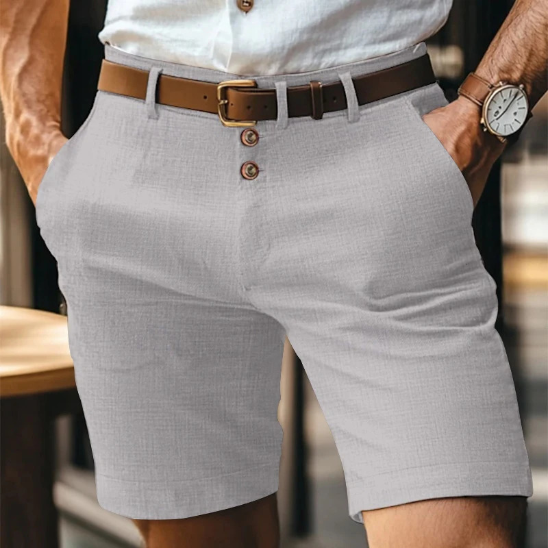 Summer Casual Shorts Men Vintage Buttoned Linen Breathable Knee Length Trousers Slim Fit Straight Male Fashion Solid Short Pants 260421