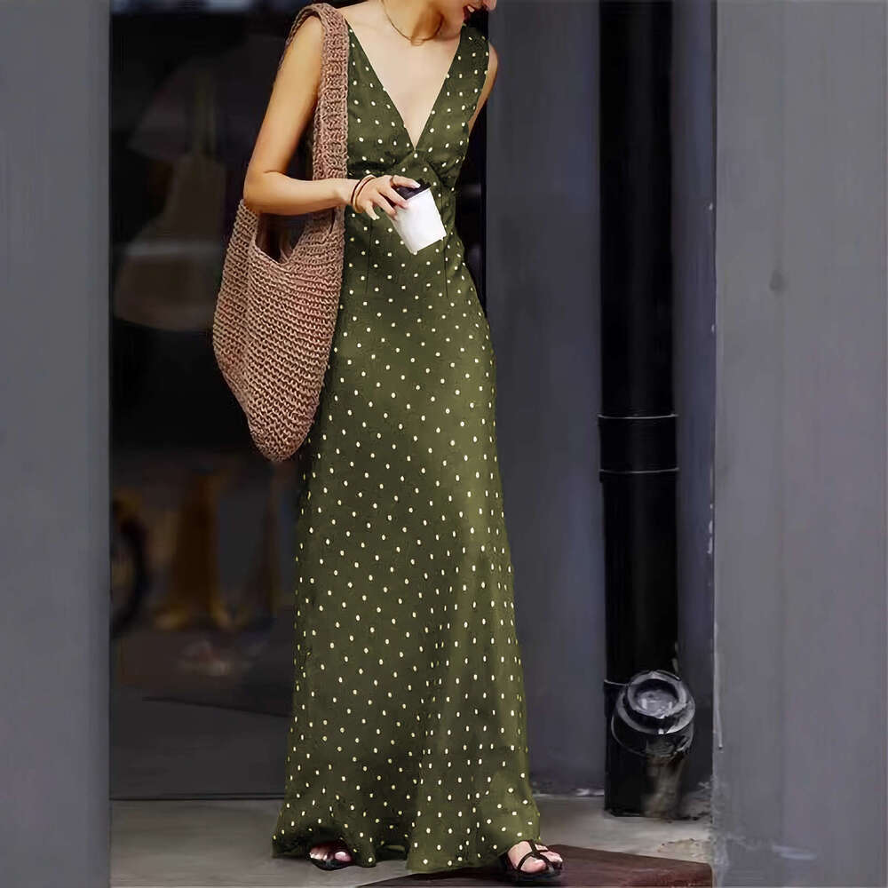 Elegant Retro Satin Polka Dot Long Dress French Style V Neck Sleeveless High Waist Slim Casual Vacation Dress Female MAKOUFEI