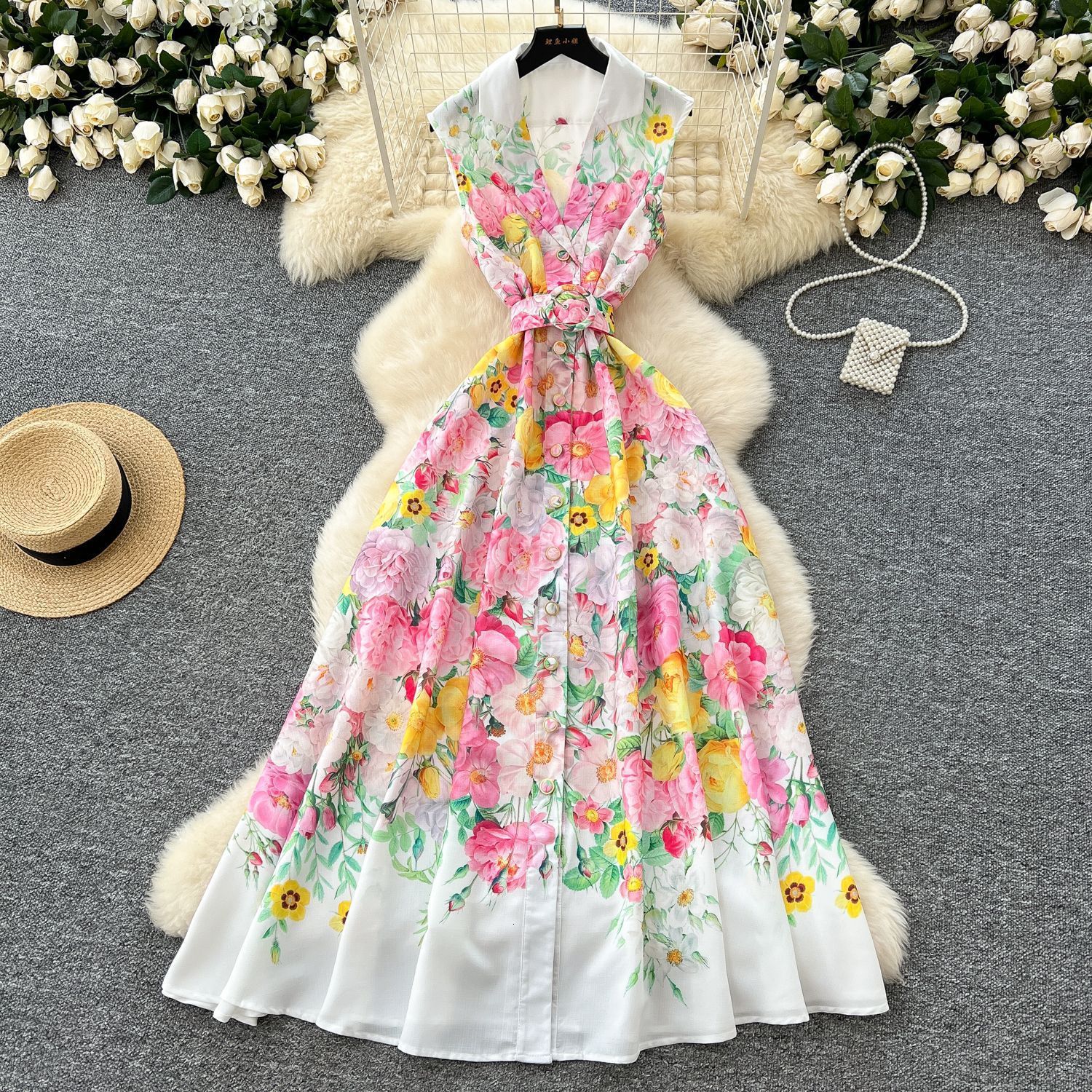 Summer Holiday Gorgeous Floral Dress Womens Sleeveless Ruffles V Neck Flower Print Buttons Chiffon Bohemain Robe Vestidos240730