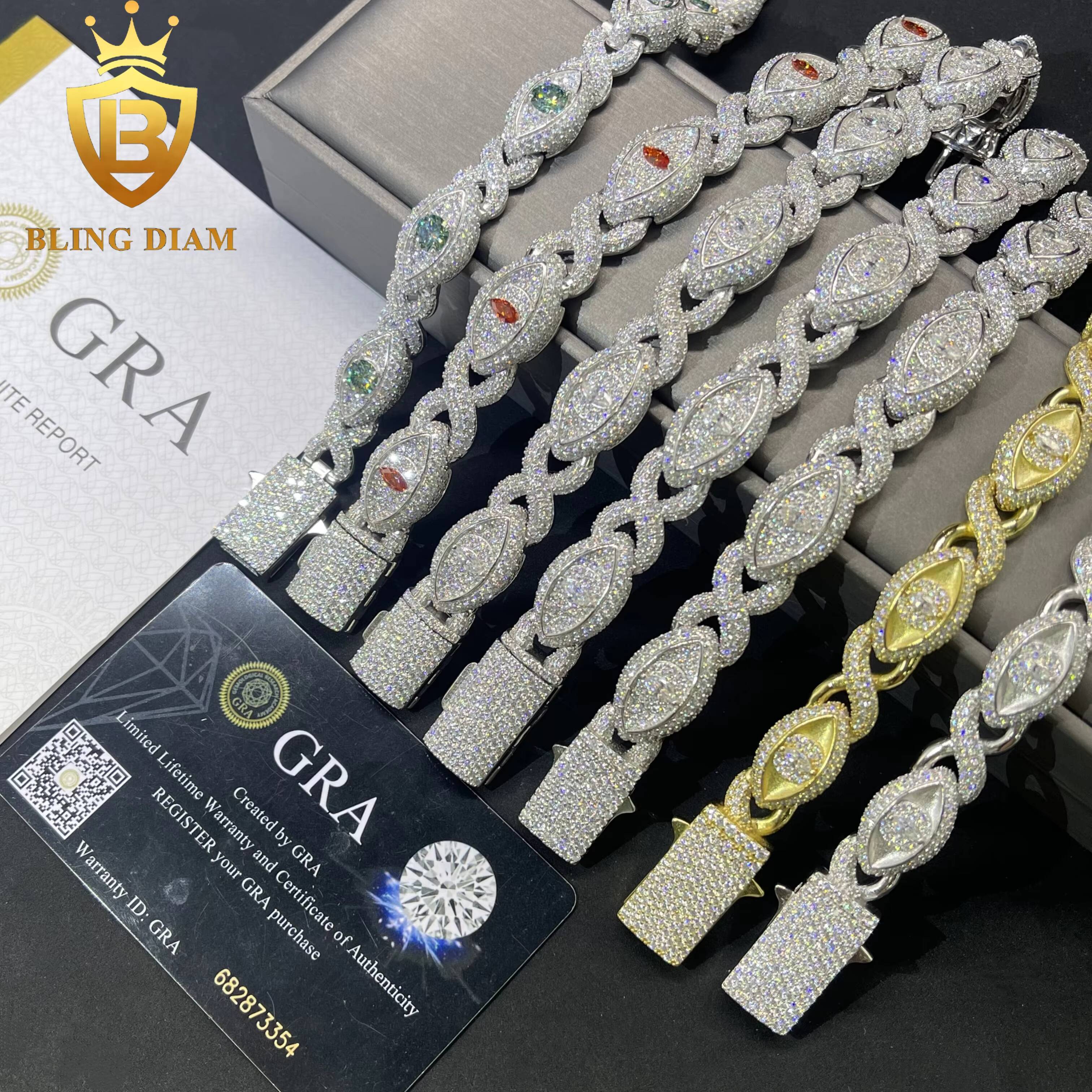 Wholesale Hip Hop Jewelry S925 Sterling Silver Vvs Moissanite Eye Infinity Cuban Link Charms Gold Plated Bracelets Mens