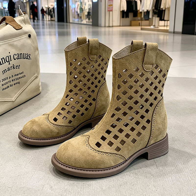 New Summer Women's Hollow Out Short Boots Pointed Toe Mid Calf Boots with Hidden Inner Height Increase Khaki Western Cowboy Boots for Women Breat