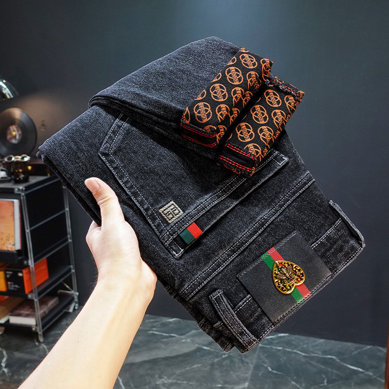 European Designer Spring Summer New Luxury Business Embroidered Pattern Jeans Men Three-dimensional Full Bottom Printed Slim Fit Elastic Straight Leg 