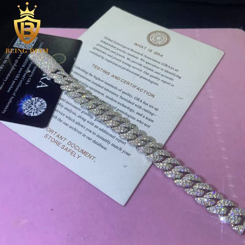Hot Saling 12MM VVS1 Moissanite Cuban Link Chain Hip Hop Pass Diamond Tester Moissanite 925 Sterling Silver Cuban Chain GRA