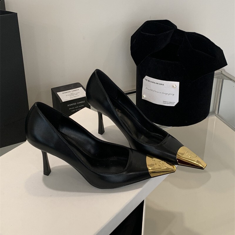 Autumn New Metal Backless Sandals For Women Black Sexy Single Shoes Thin Heel Shallow Mouth Closed Toe High Heels