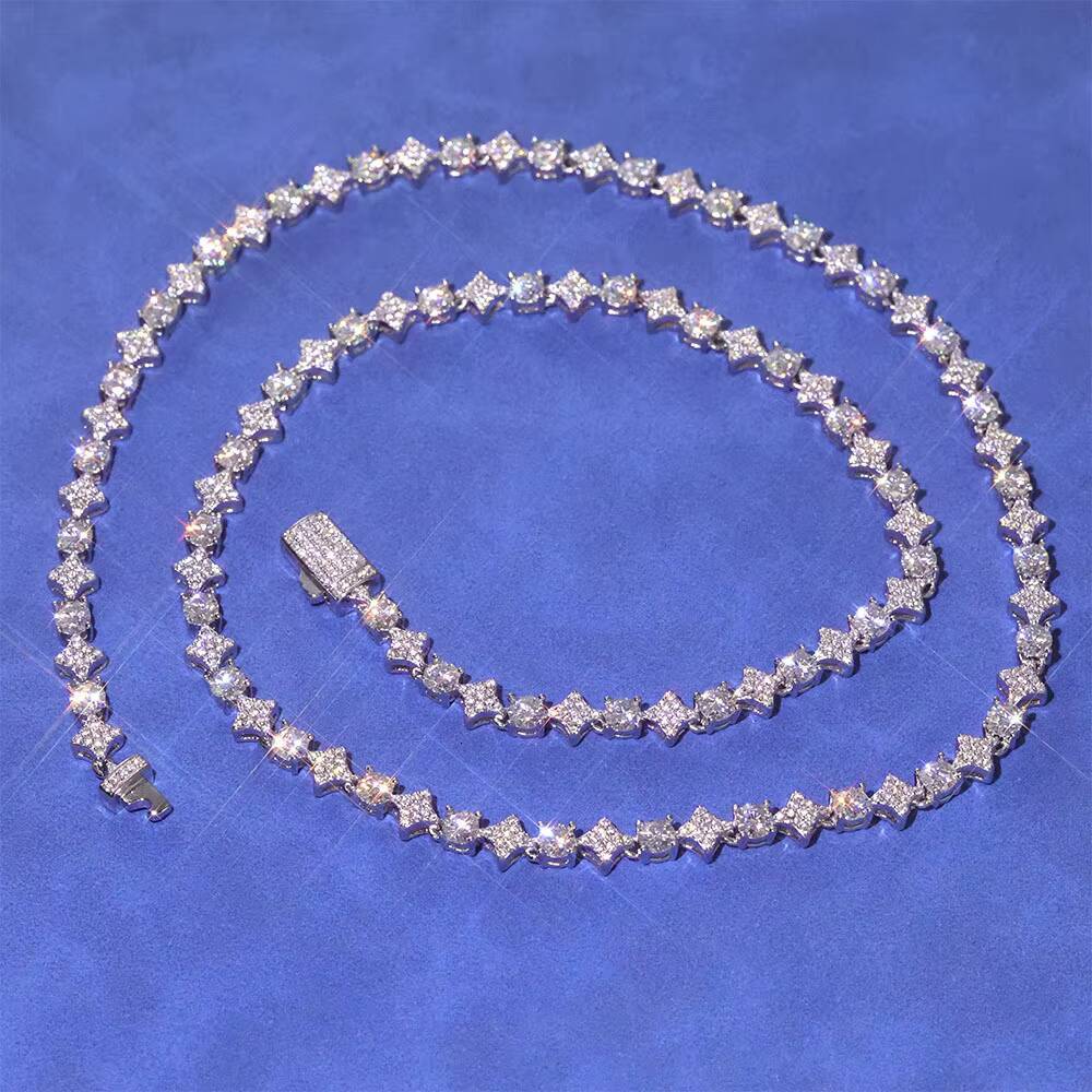 NUOYA 6mm Width Star Design Shiny VVS Moissanite Necklace Custom Womens Fine Jewelry 925 Sterling Silver Tennis Chain