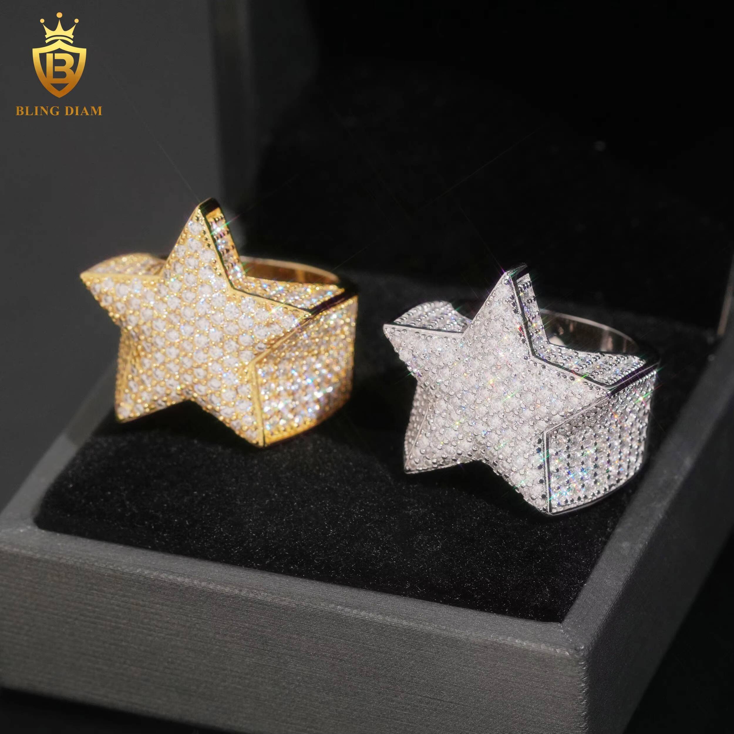 Wholesale Price Iced Out Hip Hop Jewelry 925 Silver Vvs Moissanite Ice Out Mens Star Cuban Rings GRA Certificate