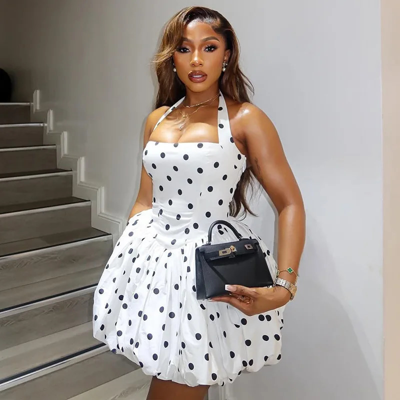 Ladies white polka-dot halter bubble mini dress back lace-up pleated hip-hugging dress perfect for summer evening wear 260421