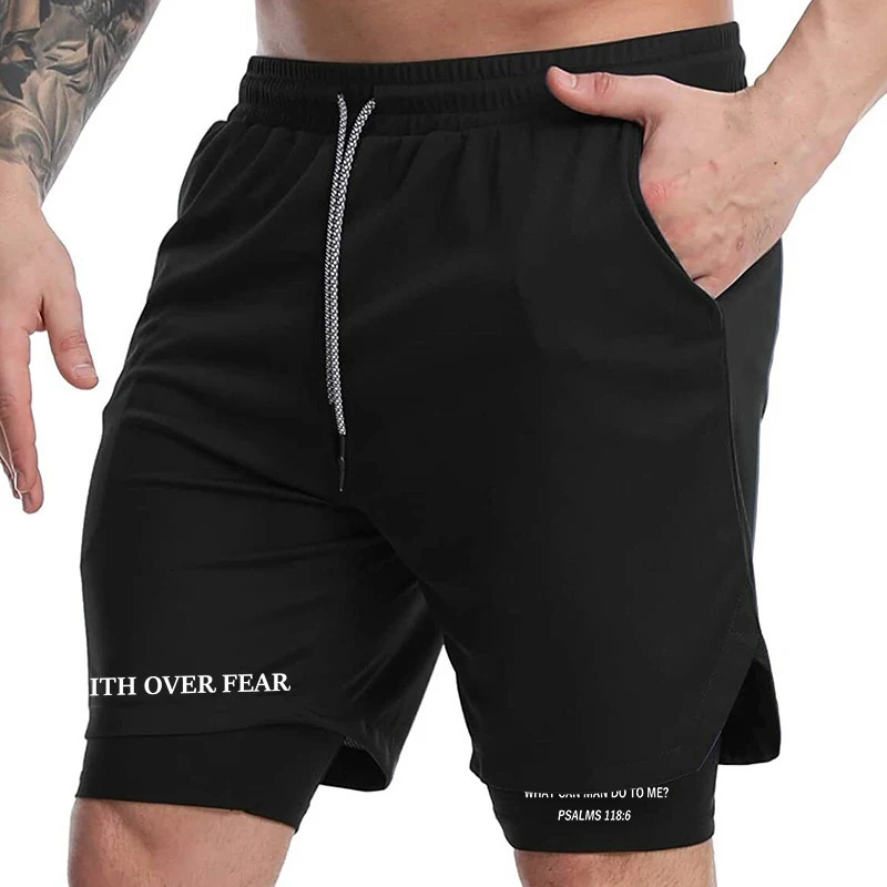 Print 2 in 1 Running Workout Shorts for Men Christian Gym Athletic Performance Shorts with Phone Pocket Towel Loop Activewear 260421
