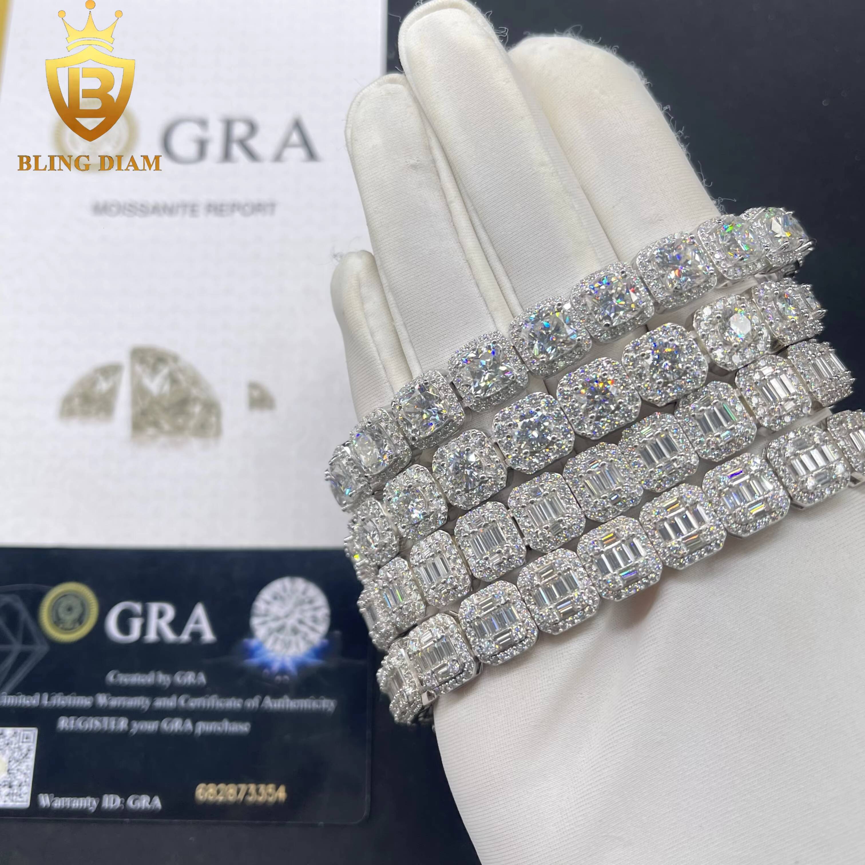 Cluster Iced Out Tennis Chains Baguette Hip Hop Jewelry 925 Silver Vvs Moissanite Gra Certificate Square Bracelet