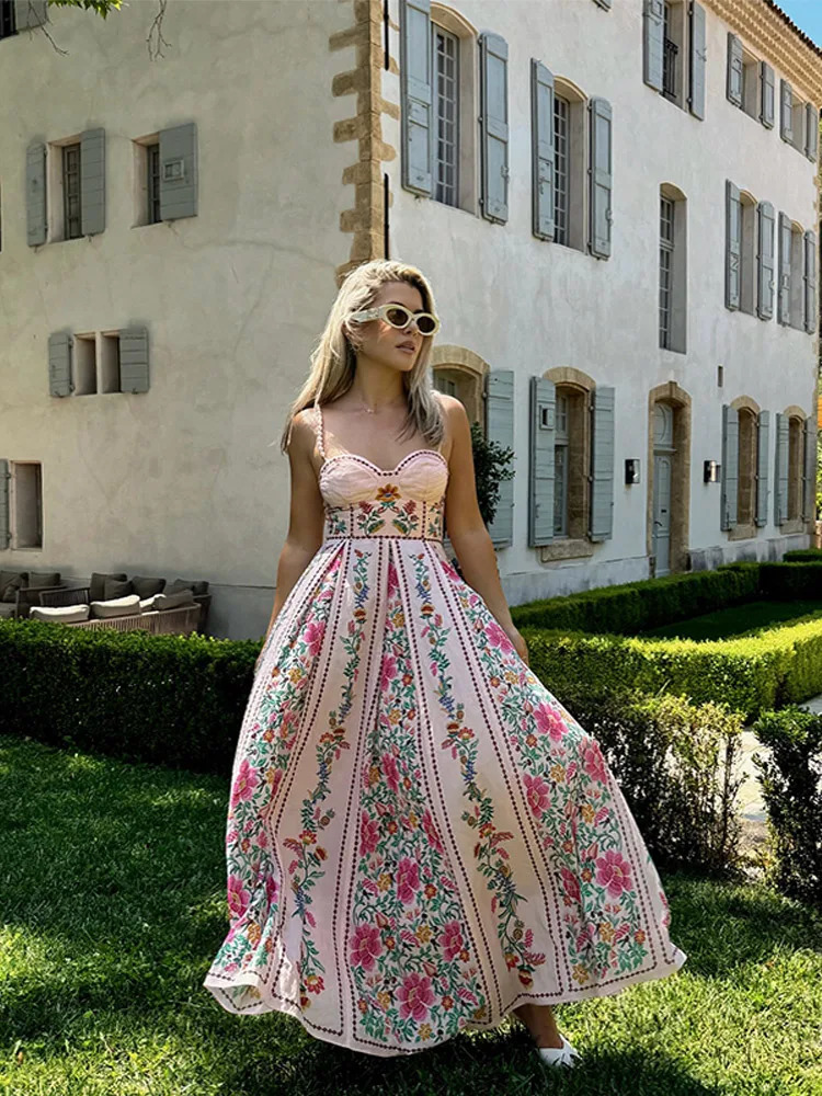 Women Dress Floral Print Midi Dresses Pink Beaded Spaghetti Strap Sweetheart Neck A-Line Dress Spring Outfit Woman Clothes 260420