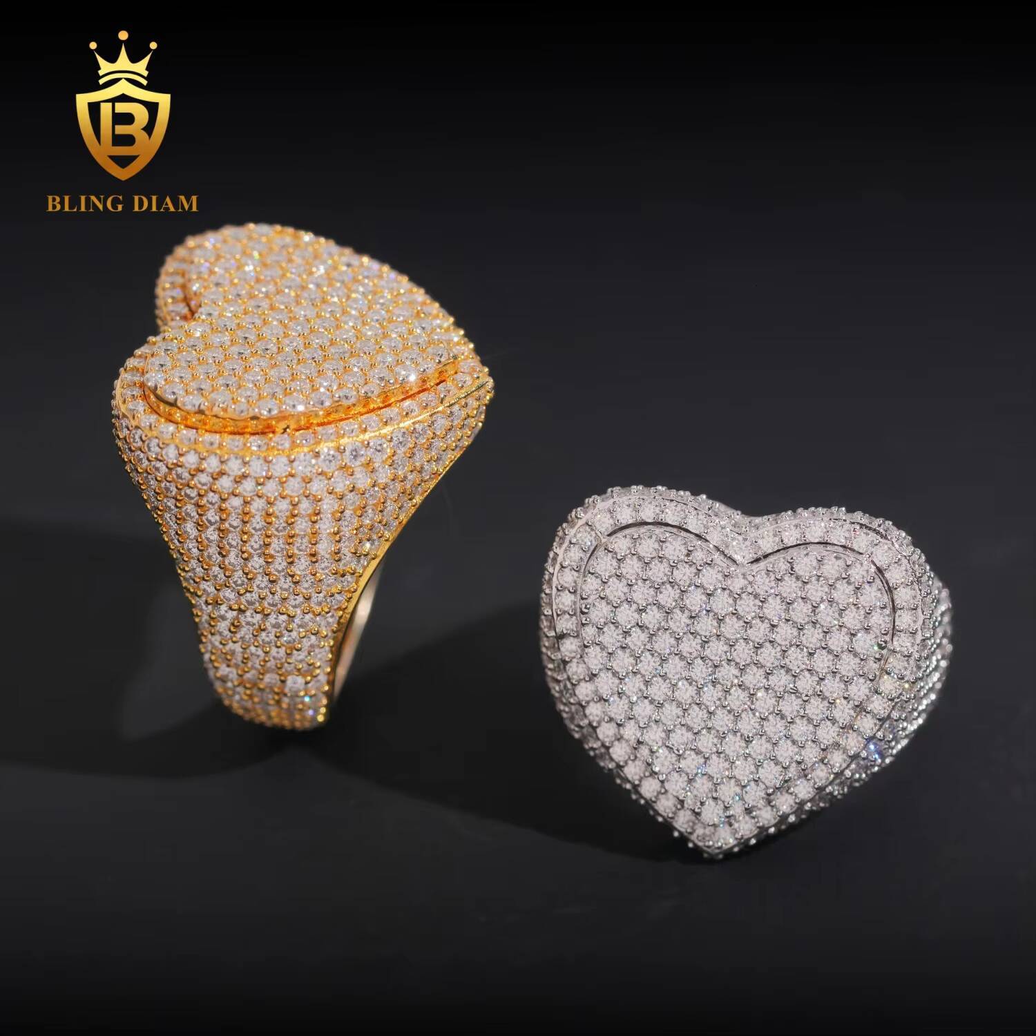 Hip Hop Style Jewelry Heart Shaped Mens Rings Fully Diamond Vvs1 Moissanite Iced Out 925 Solid Silver Rose Gold Double Layer