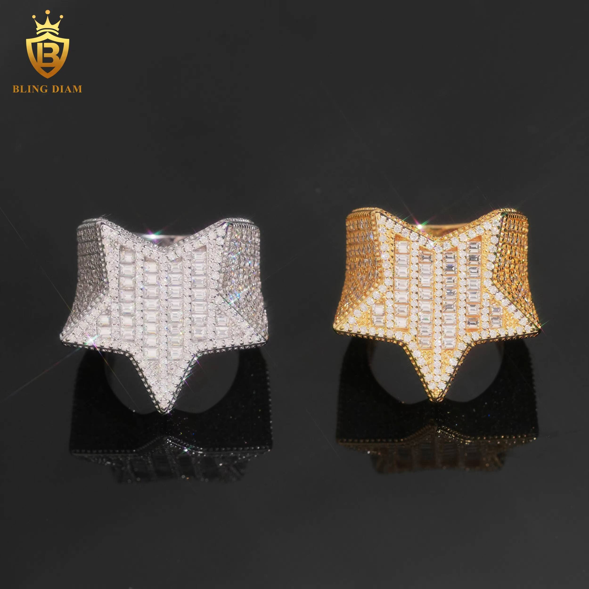 Trendy Styles 925 Sterling Silver VVS Moissanite Hip Hop Iced Out Moissanite Custom Star Baguette Ring Pass Diamond Tester