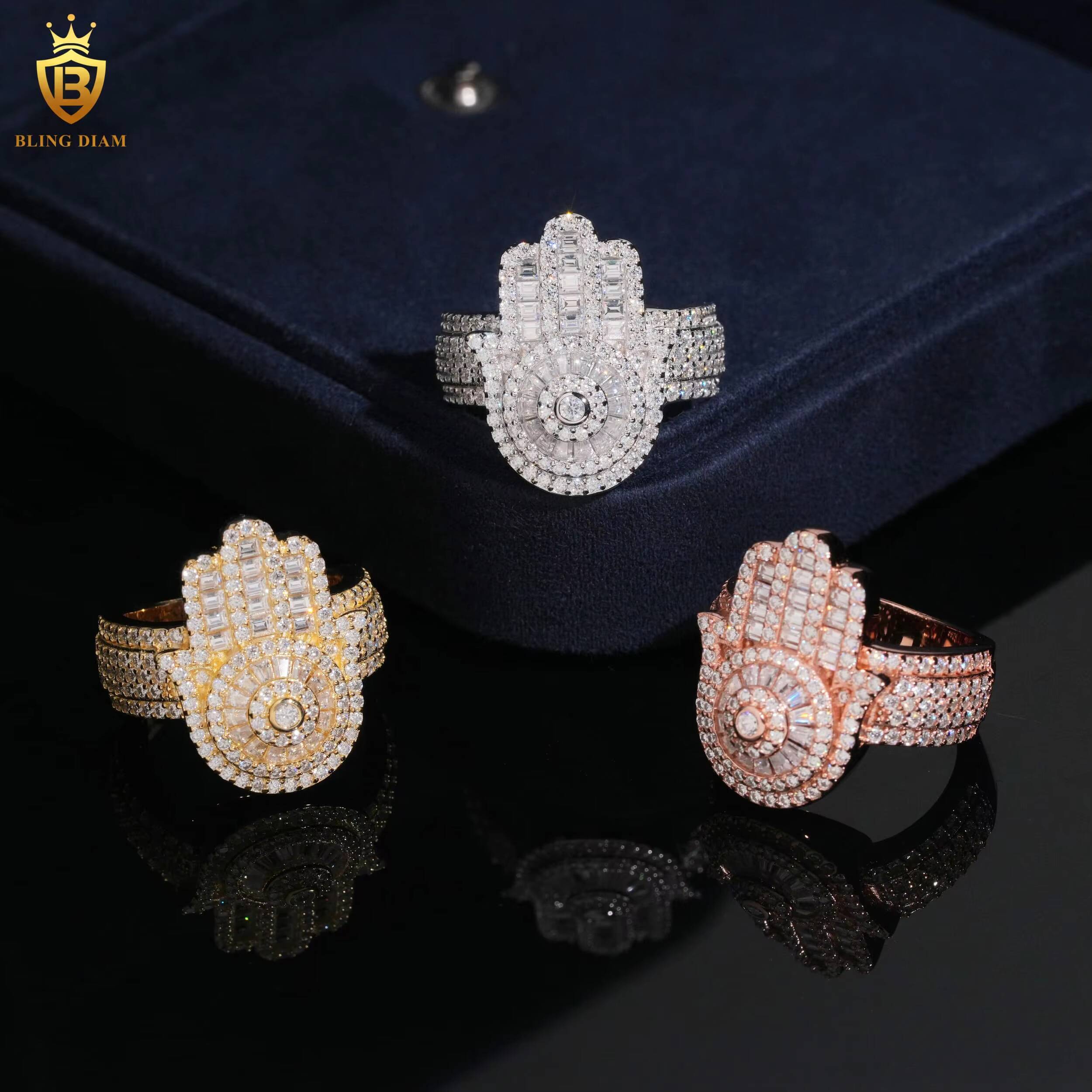Hip Hop Rapper Rock Jewelry Wholesale 925 Sterling Silver Ice Out Vvs Moissanite Rings for Mens Hamsa Hand Shaped
