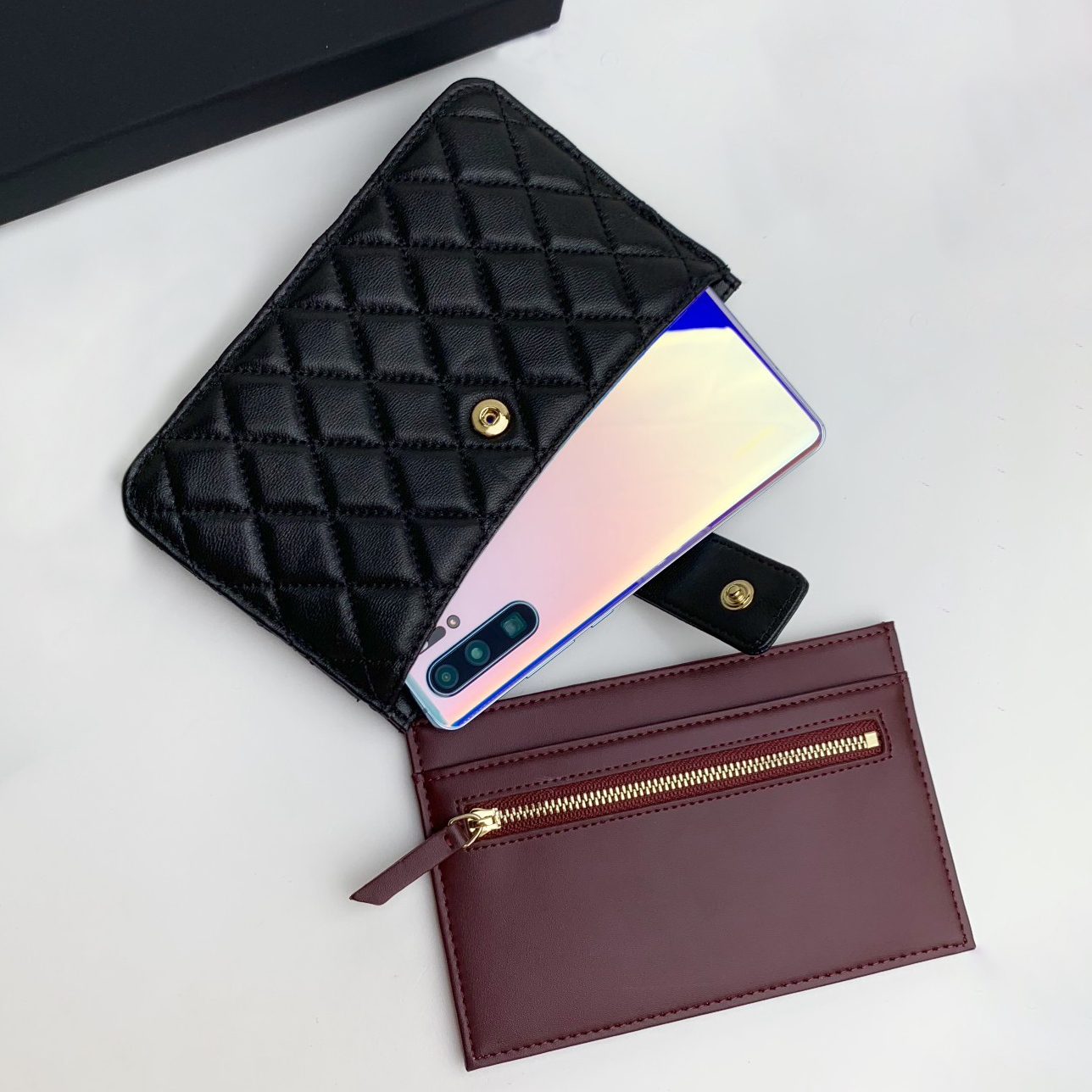Quilted Caviar Leather Wallet with Detachable Pouch Designer Wallet 2-in-1 Card Holder Set for Women Luxury Clutch Purses Cellphone Pouch Organizer Purse